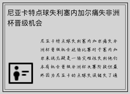 尼亚卡特点球失利塞内加尔痛失非洲杯晋级机会